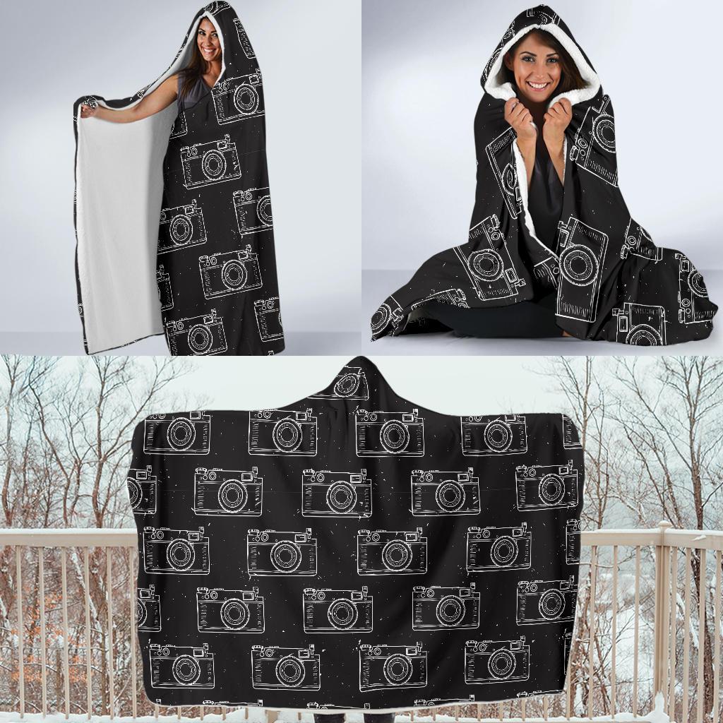 Black Camera Print Pattern Hooded Blanket-grizzshop