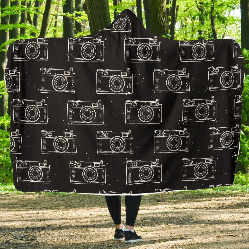 Black Camera Print Pattern Hooded Blanket-grizzshop