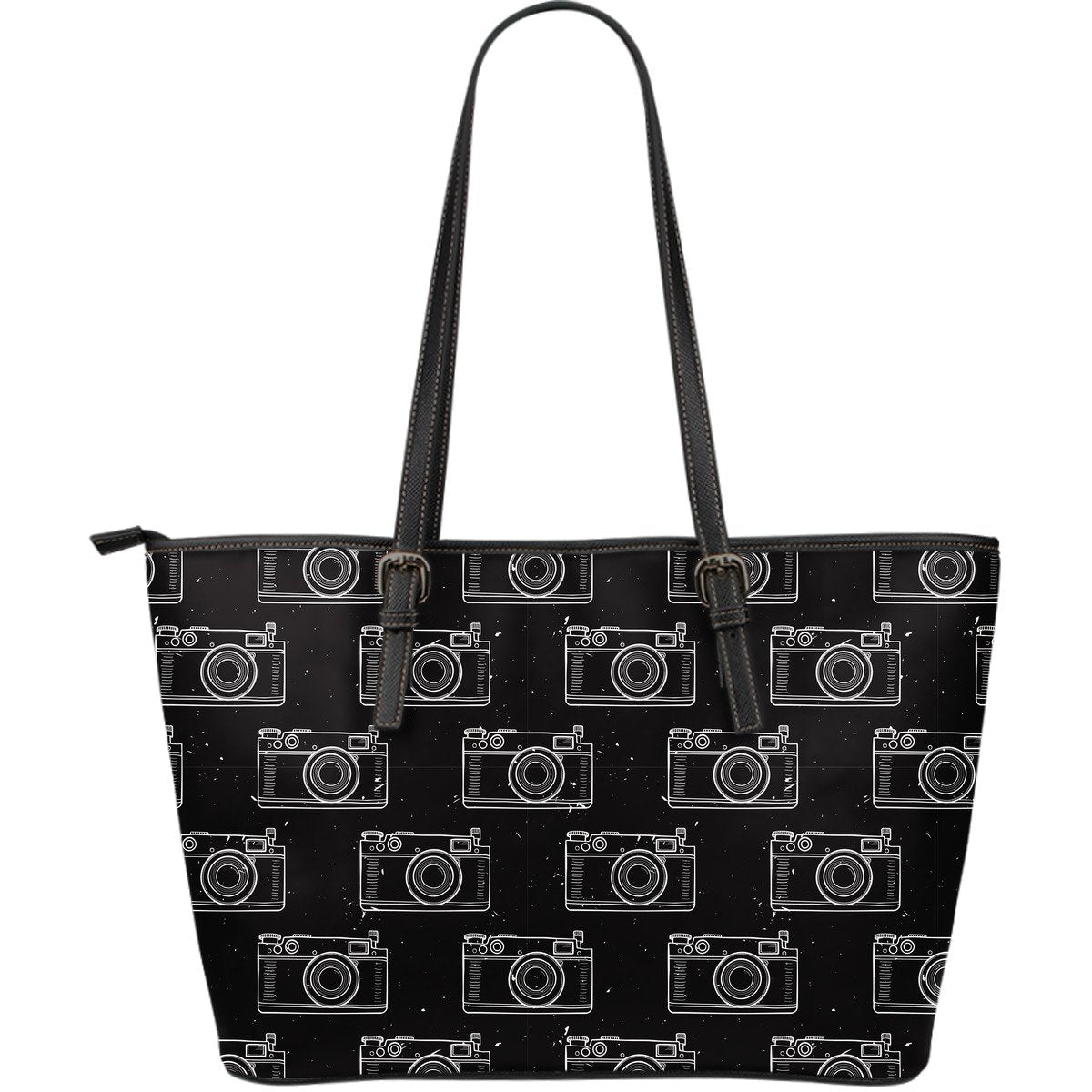 Black Camera Print Pattern Leather Tote Bag-grizzshop