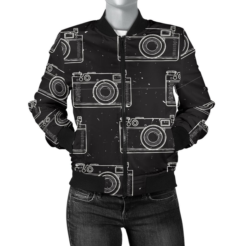 Black Camera Print Pattern Women Casual Bomber Jacket-grizzshop