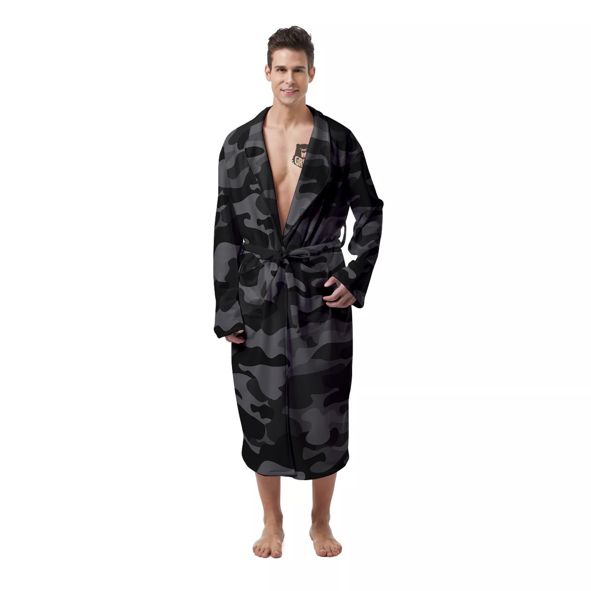 Black Camo And Camouflage Print Men's Robe-grizzshop