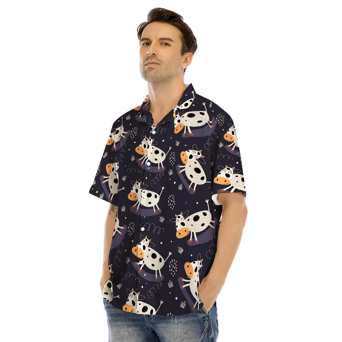 Black Cartoon Cow Print Men’s Hawaiian Shirt-grizzshop