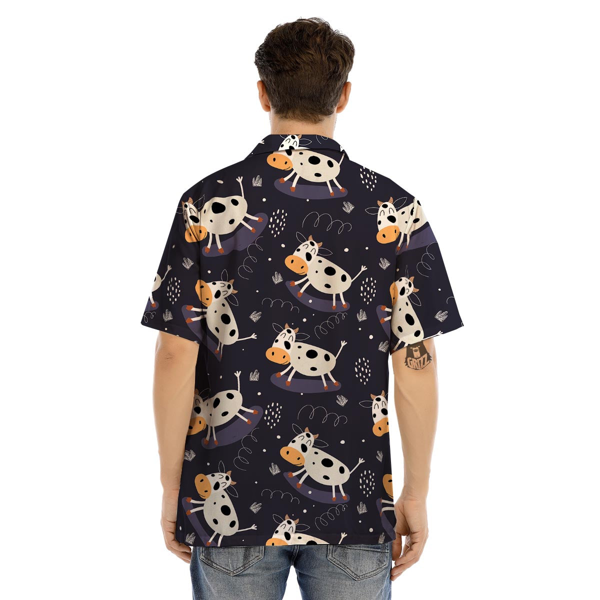 Black Cartoon Cow Print Men’s Hawaiian Shirt-grizzshop