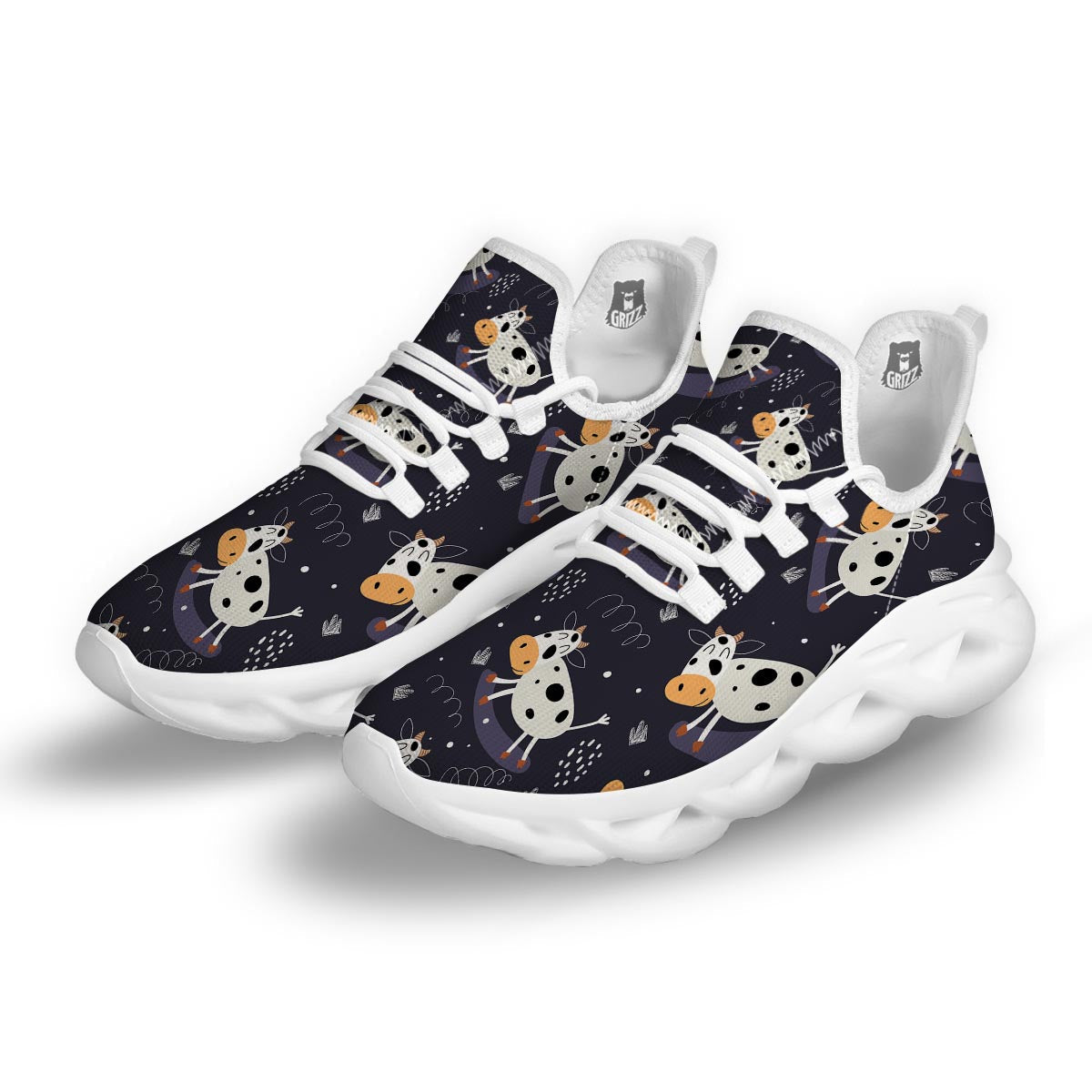 Black Cartoon Cow Print White Running Shoes-grizzshop