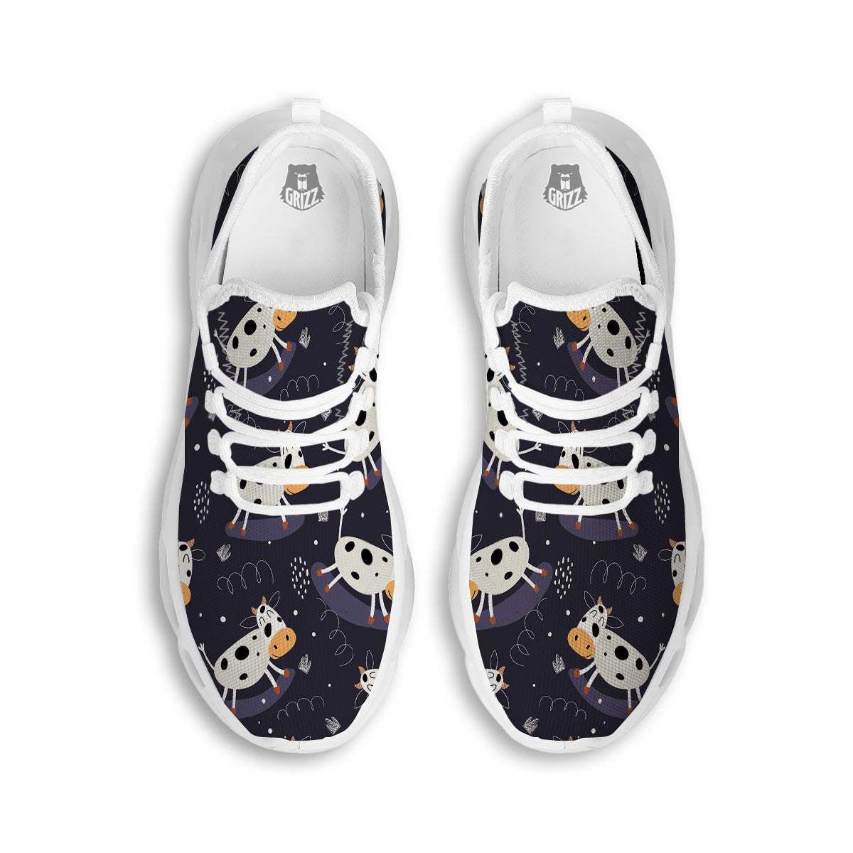 Black Cartoon Cow Print White Running Shoes-grizzshop