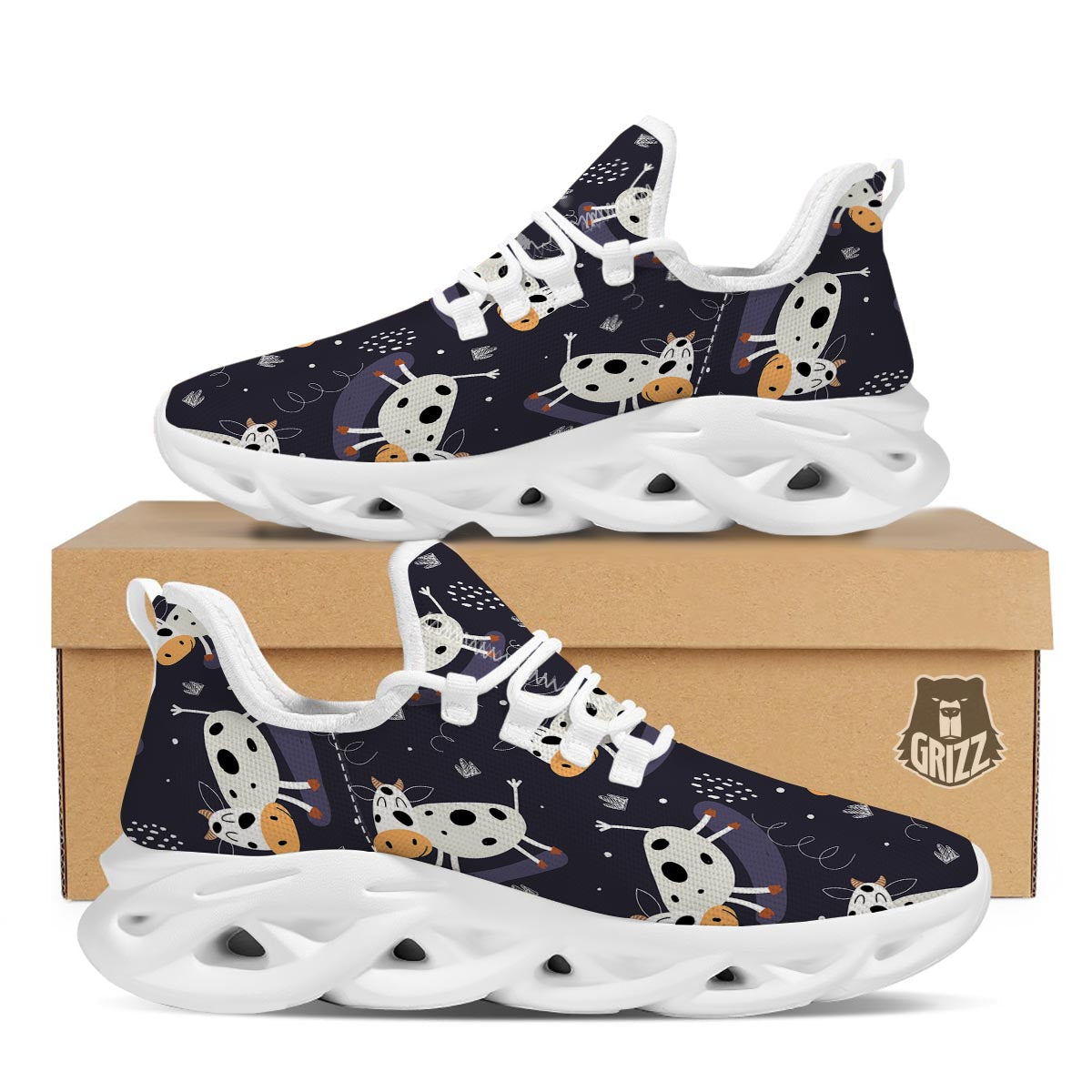 Black Cartoon Cow Print White Running Shoes-grizzshop