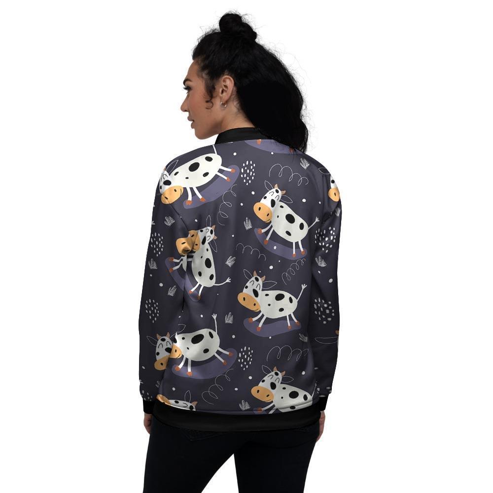 Black Cartoon Cow Print Women's Bomber Jacket-grizzshop