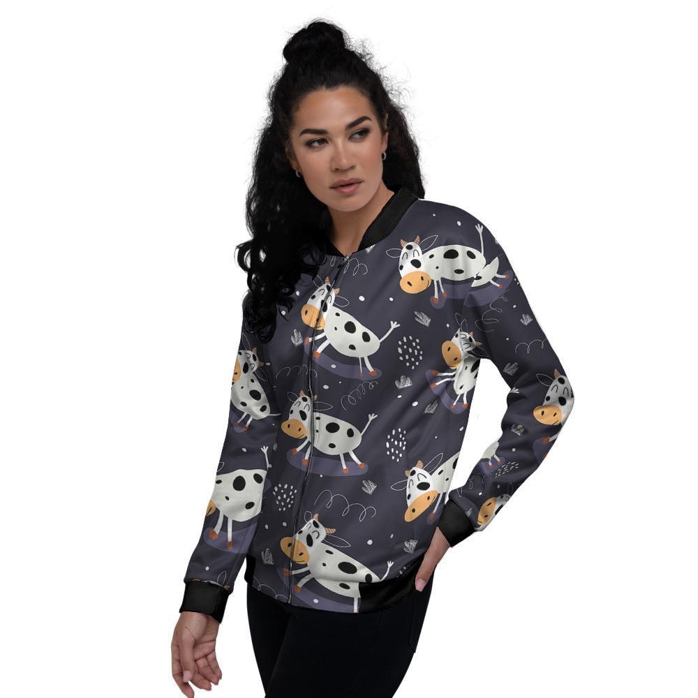Black Cartoon Cow Print Women's Bomber Jacket-grizzshop