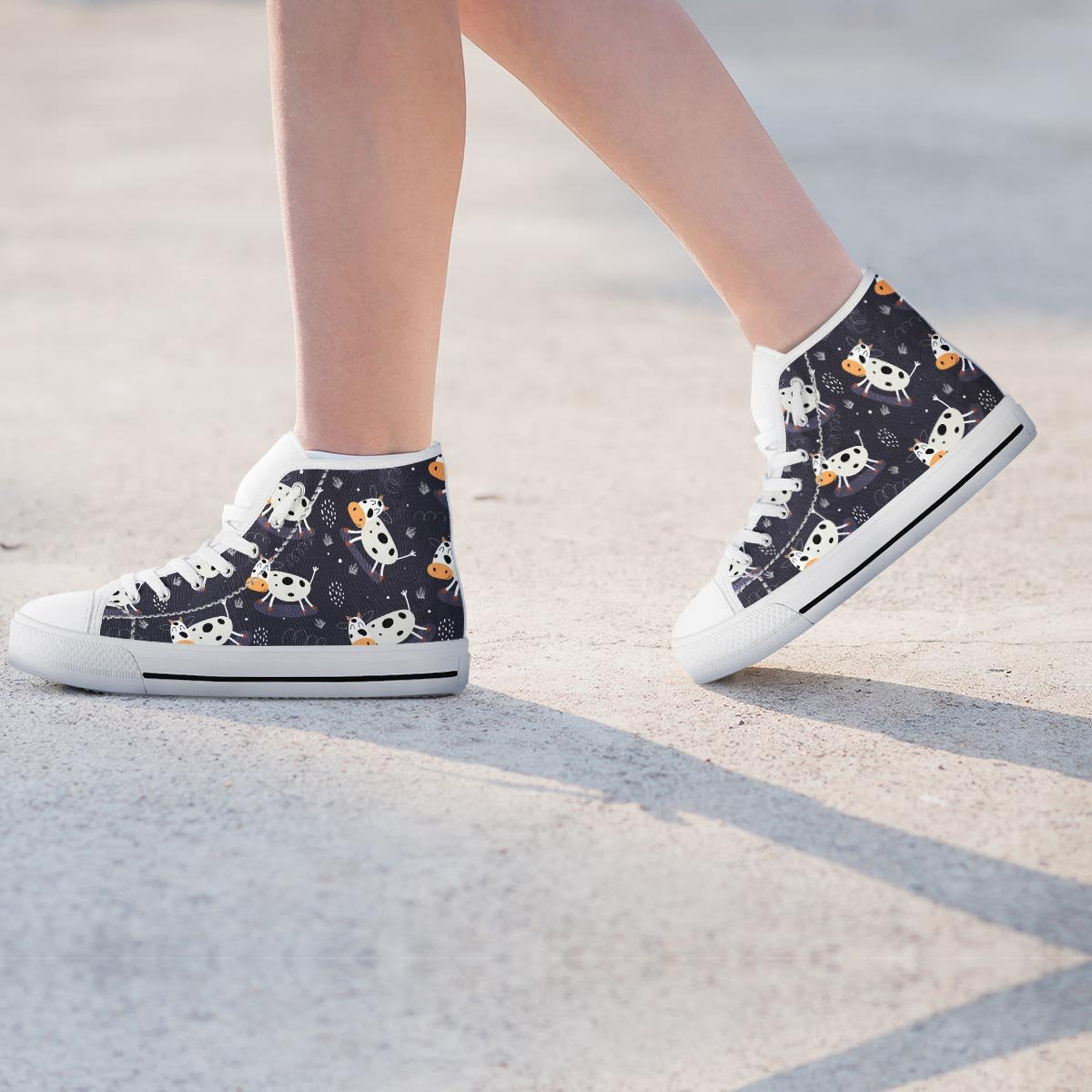 Black Cartoon Cow Print Women's High Top Shoes-grizzshop