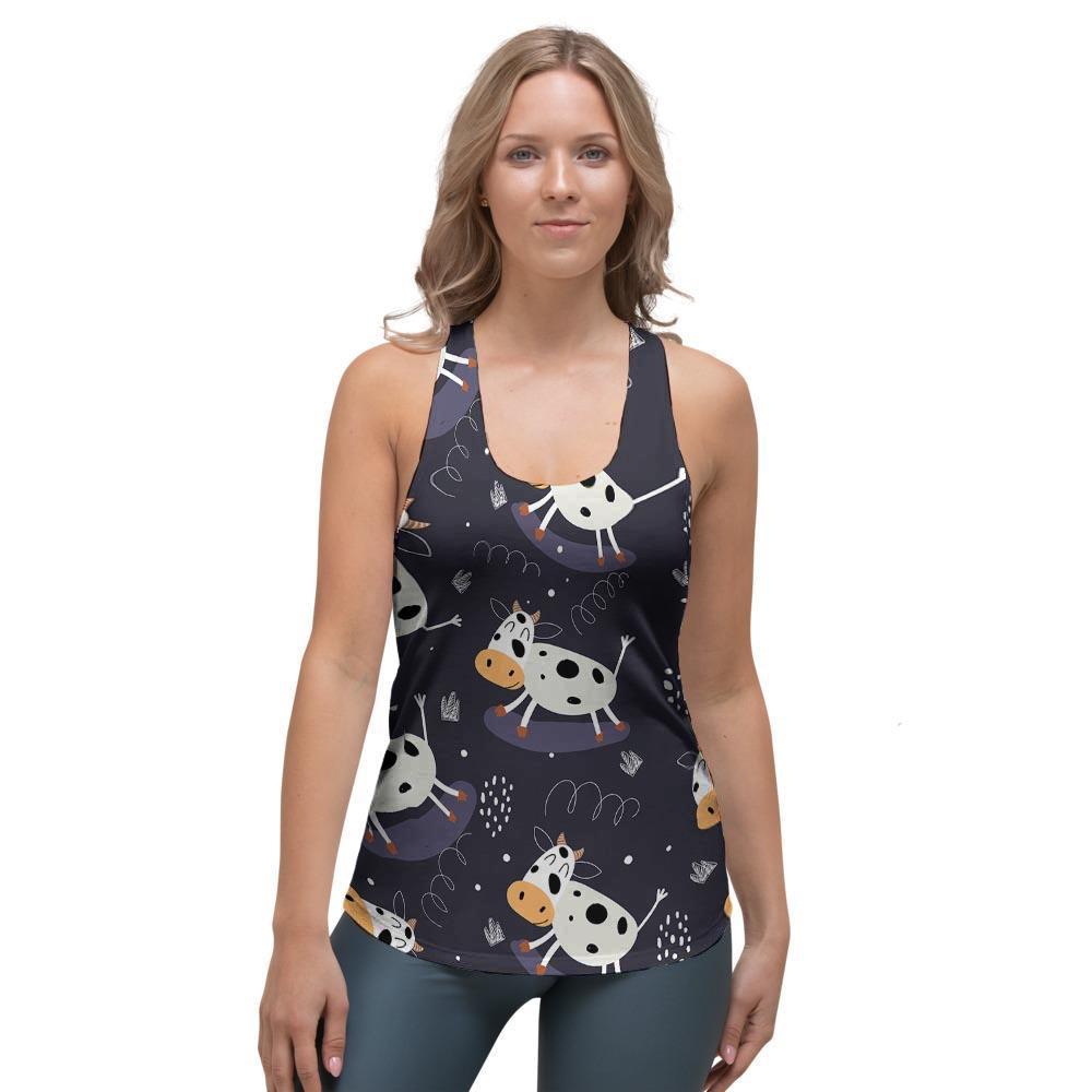 Black Cartoon Cow Print Women's Racerback Tank Top-grizzshop