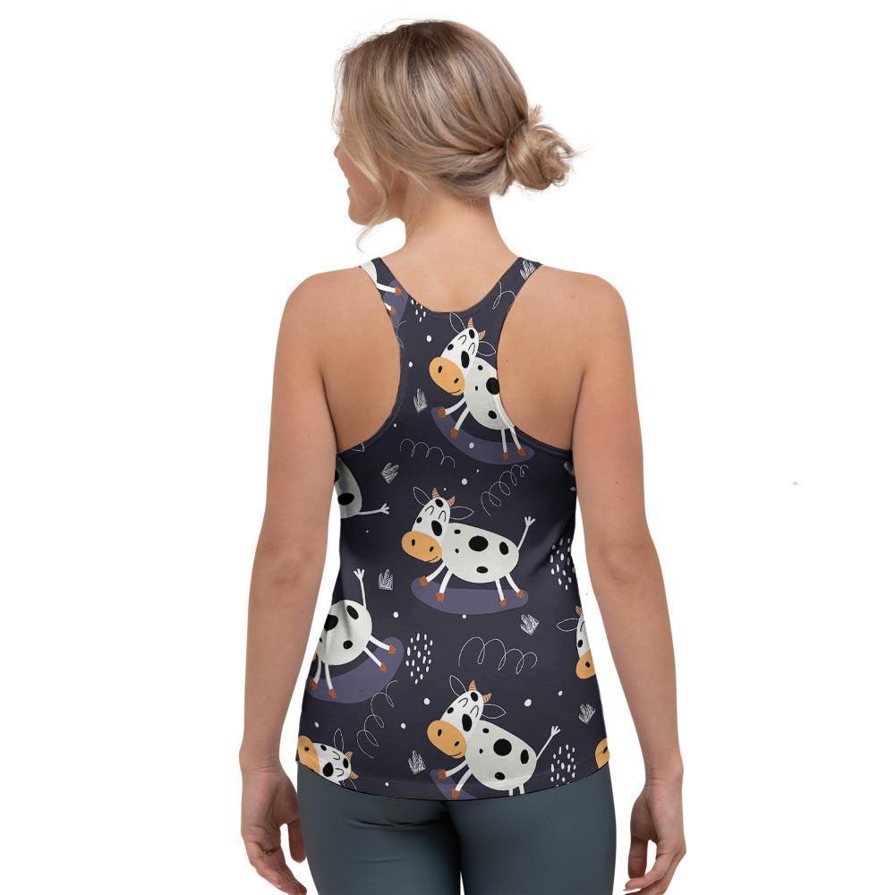 Black Cartoon Cow Print Women's Racerback Tank Top-grizzshop