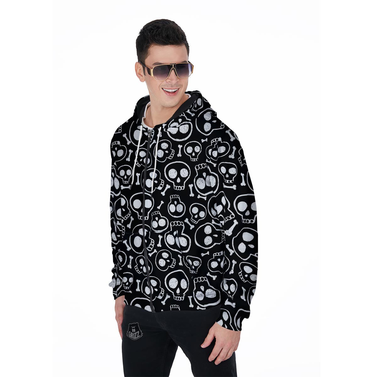Black Cartoon Skull Men's Zip Up Hoodie-grizzshop