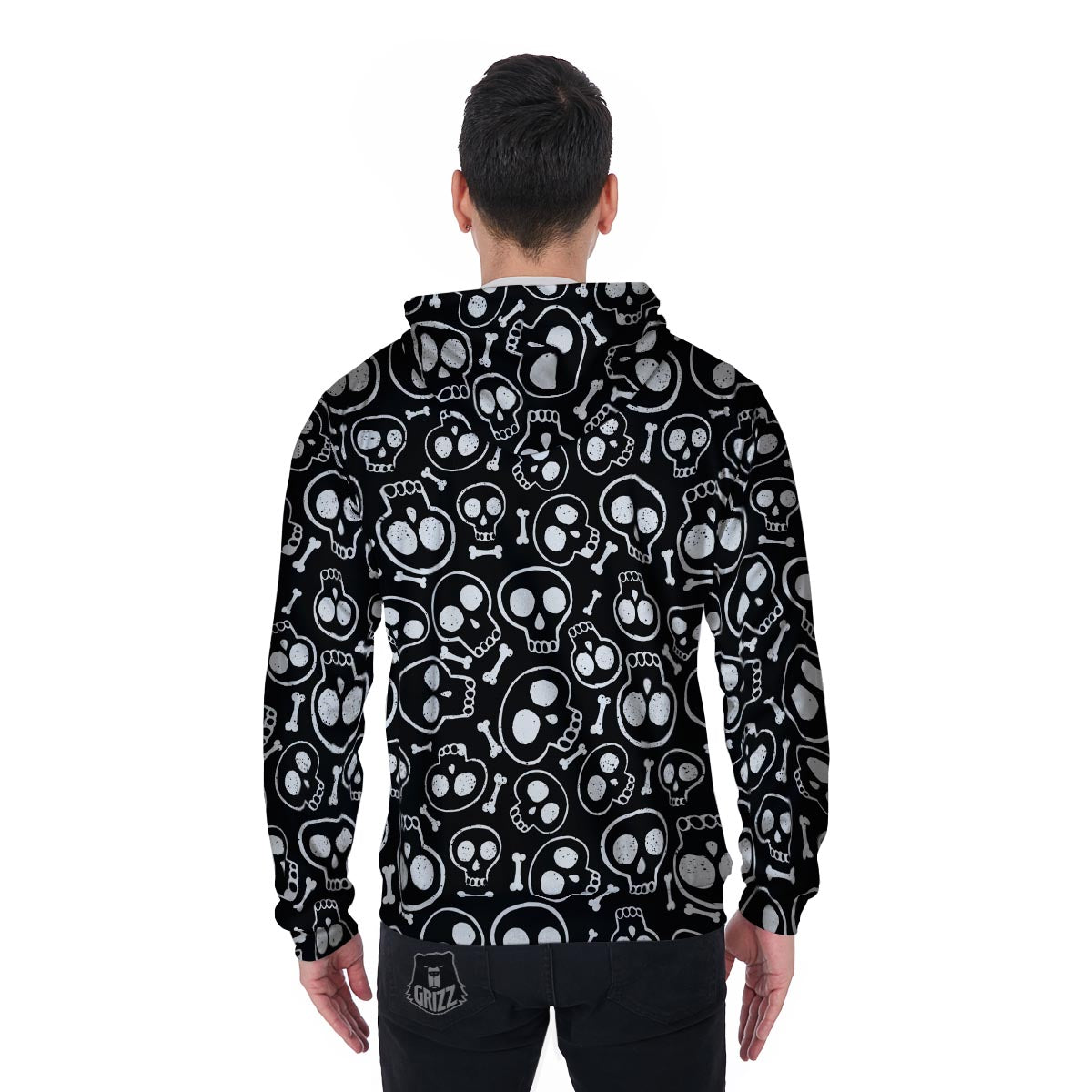 Black Cartoon Skull Men's Zip Up Hoodie-grizzshop