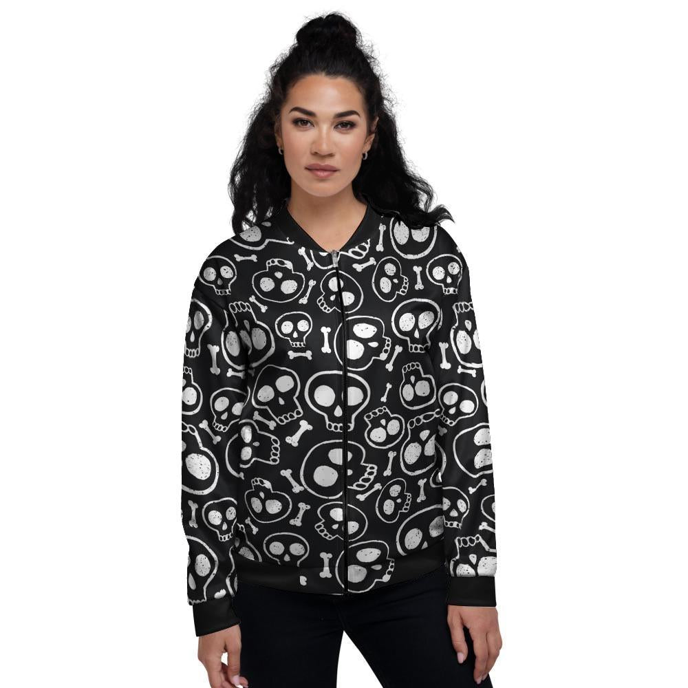 Black Cartoon Skull Women's Bomber Jacket-grizzshop