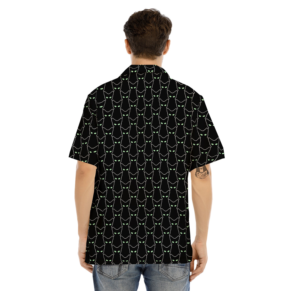 Black Cat Alien Print Pattern Men's Hawaiian Shirt-grizzshop