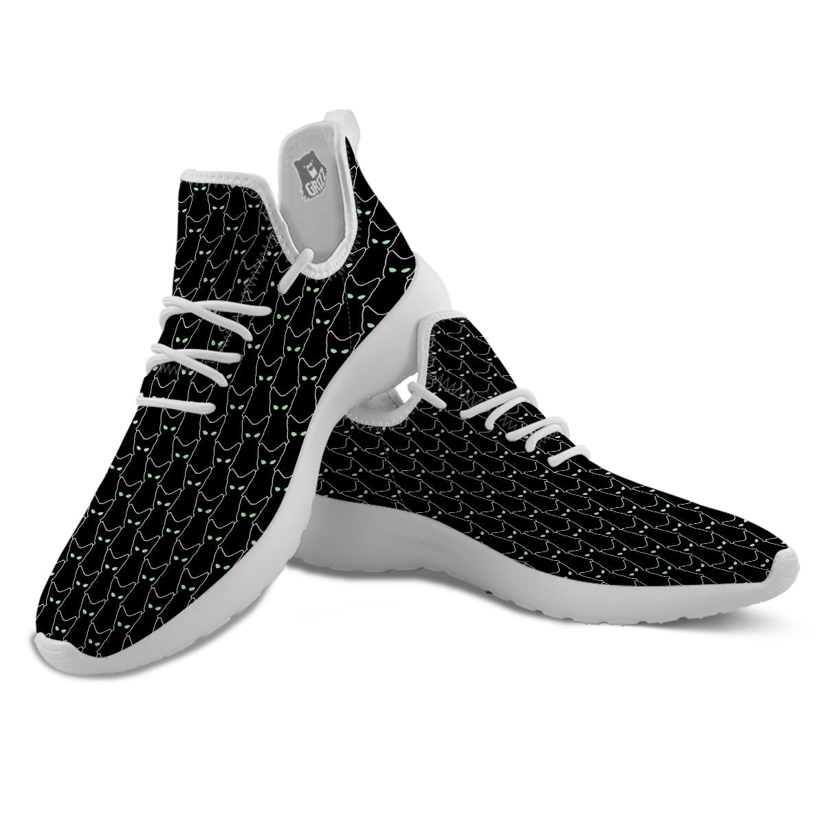 Black Cat Alien Print Pattern White Athletic Shoes-grizzshop
