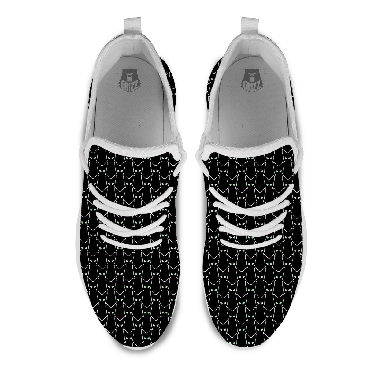 Black Cat Alien Print Pattern White Athletic Shoes-grizzshop