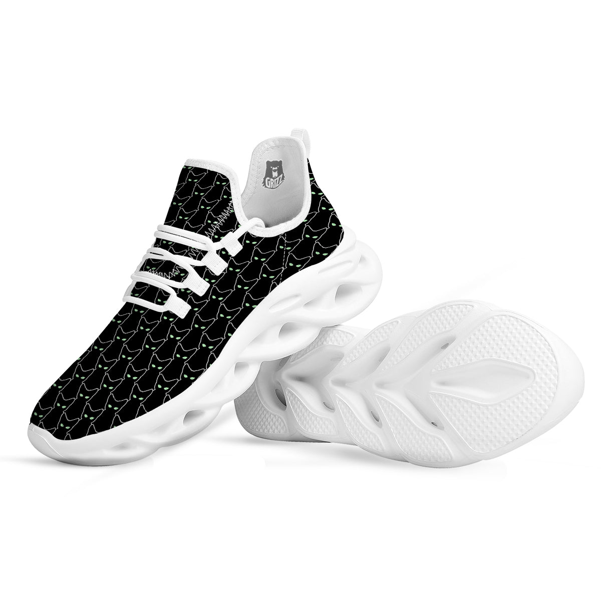 Black Cat Alien Print Pattern White Running Shoes-grizzshop