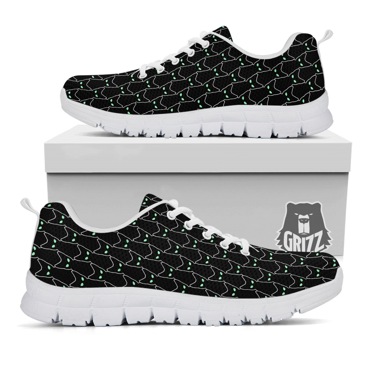 Black Cat Alien Print Pattern White Sneaker-grizzshop