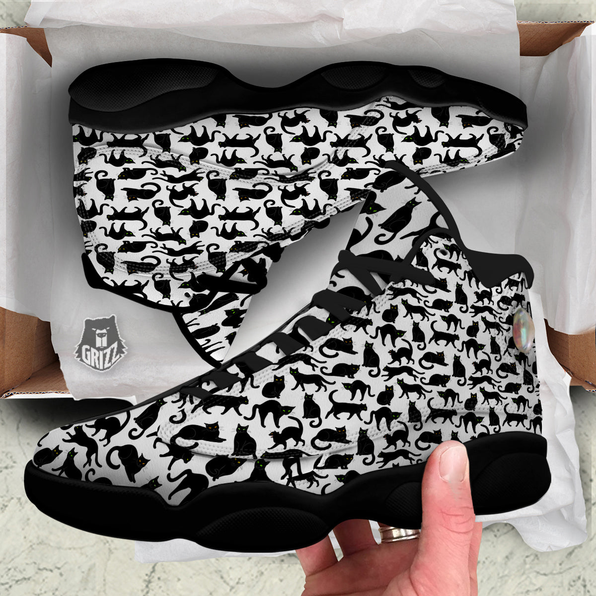 Black Cat And White Print Pattern Black Basketball Shoes-grizzshop