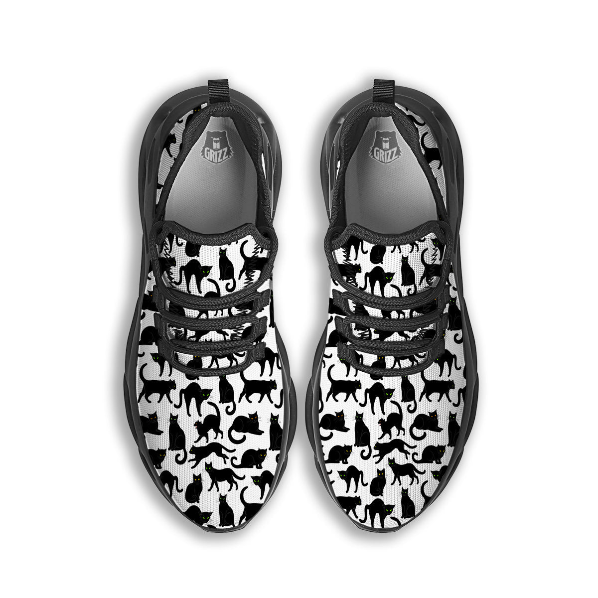 Black Cat And White Print Pattern Black Running Shoes-grizzshop