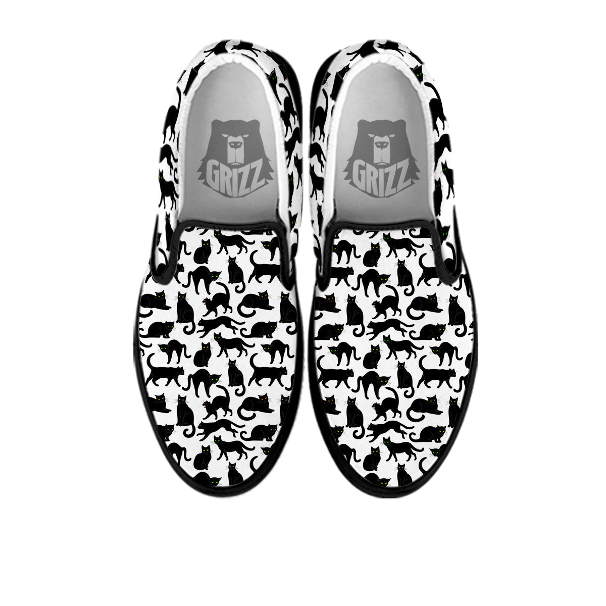 Black Cat And White Print Pattern Black Slip On Shoes-grizzshop