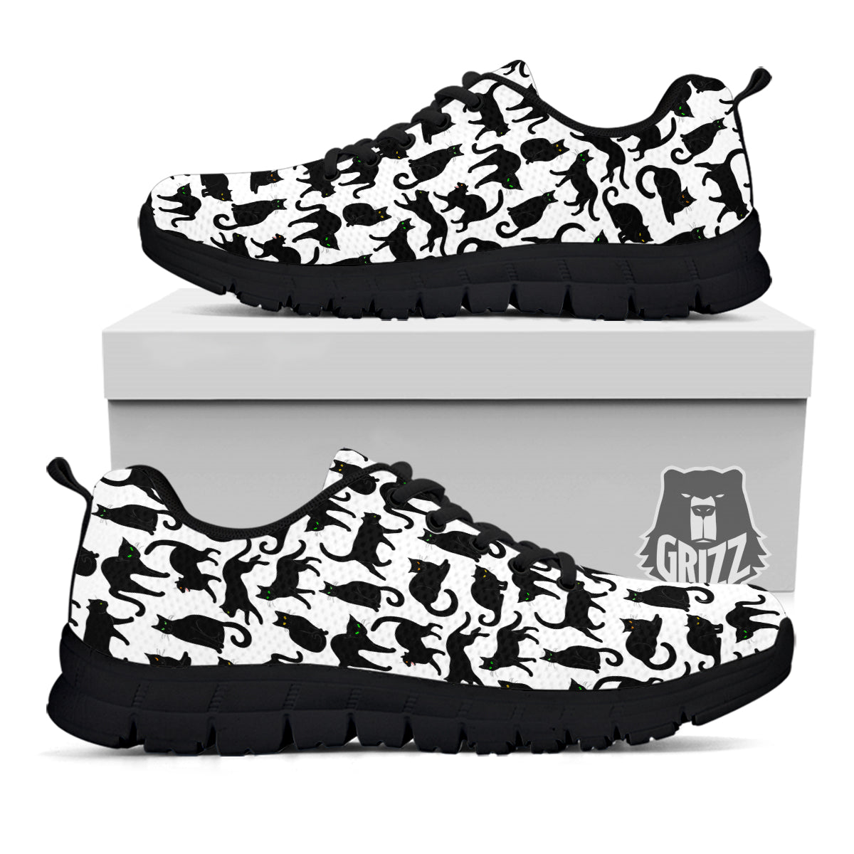 Black Cat And White Print Pattern Black Sneaker-grizzshop