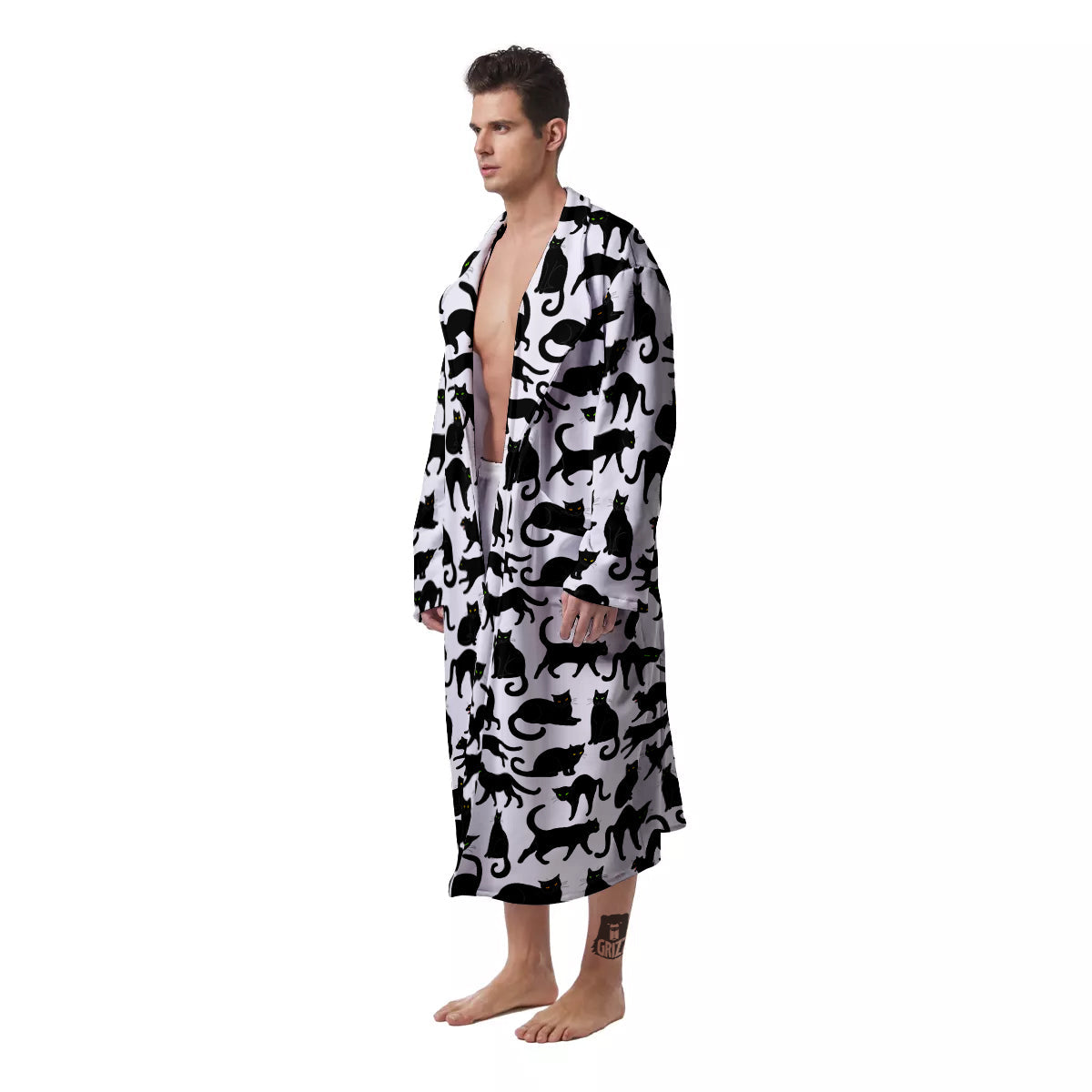 Black Cat And White Print Pattern Men's Robe-grizzshop