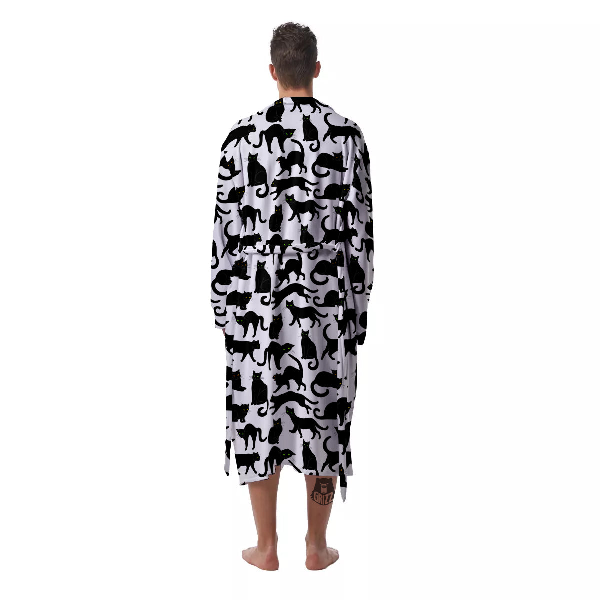 Black Cat And White Print Pattern Men's Robe-grizzshop