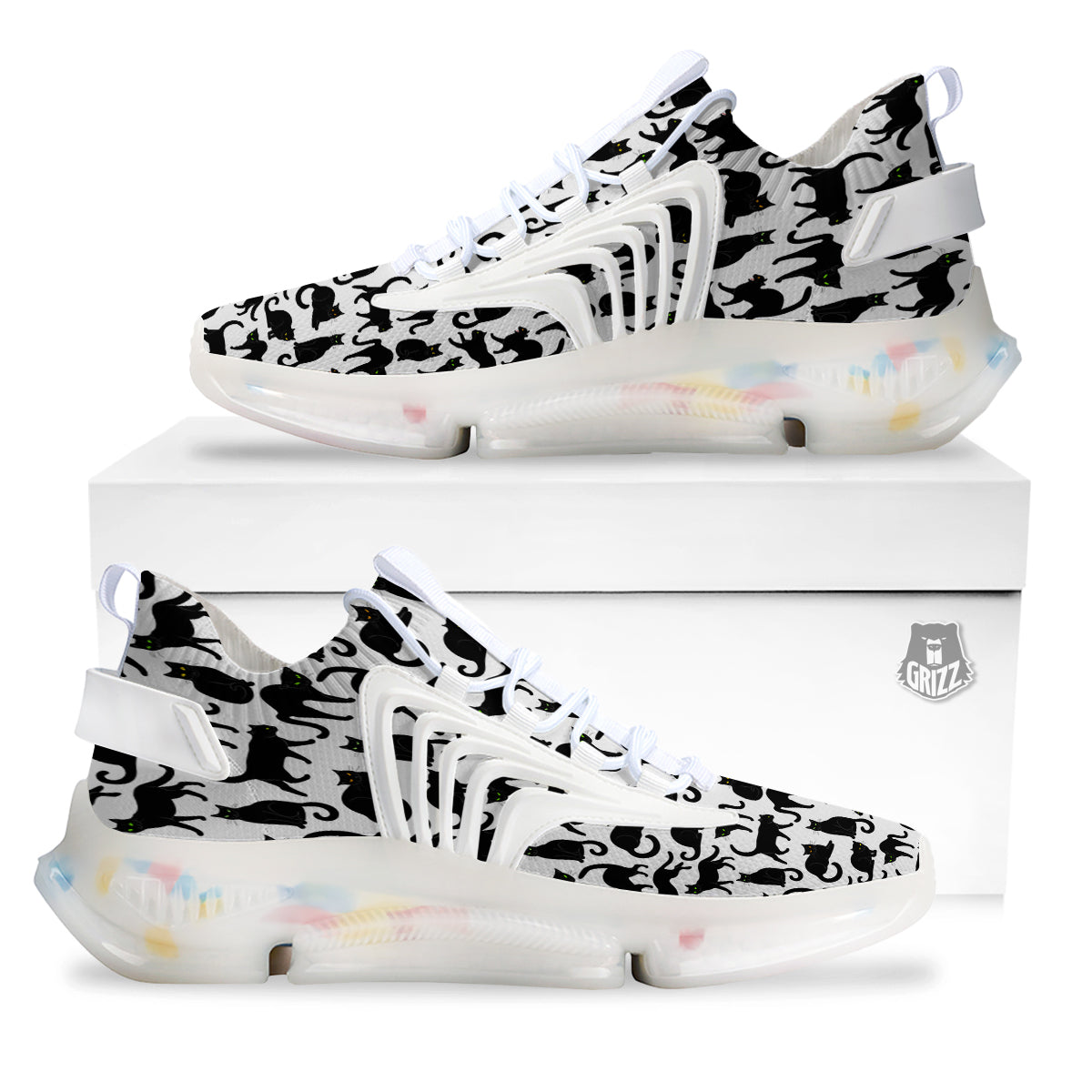 Black Cat And White Print Pattern White Gym Shoes-grizzshop