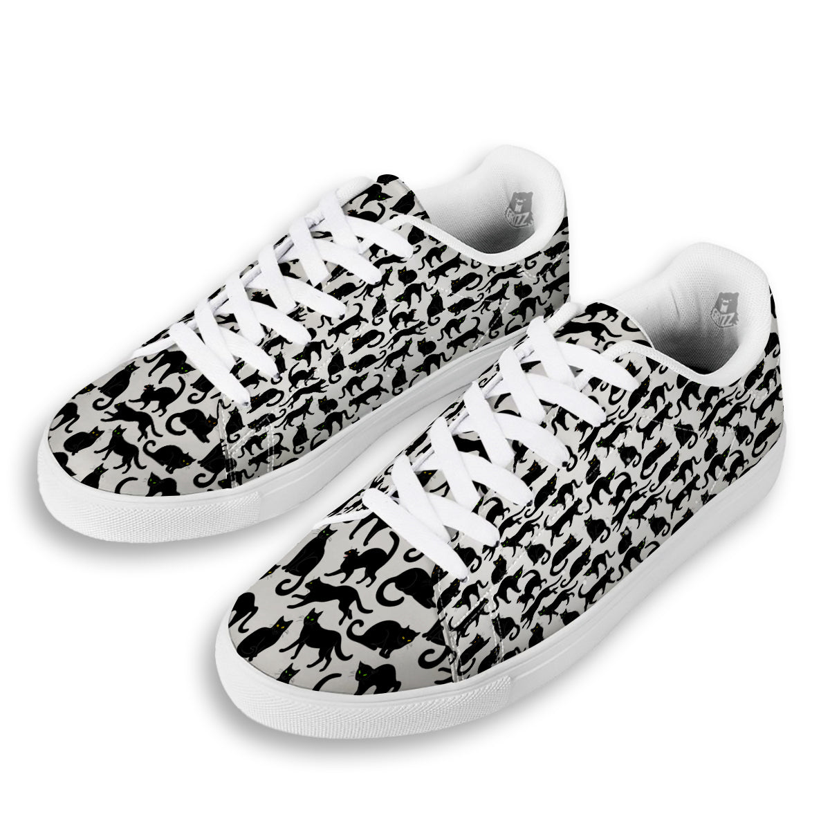 Black Cat And White Print Pattern White Low Top Sneakers-grizzshop