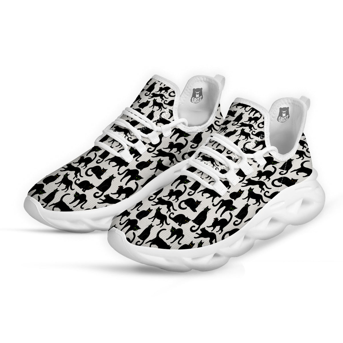 Black Cat And White Print Pattern White Running Shoes-grizzshop