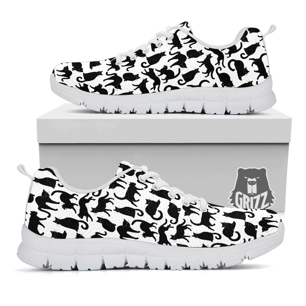 Black Cat And White Print Pattern White Sneaker-grizzshop