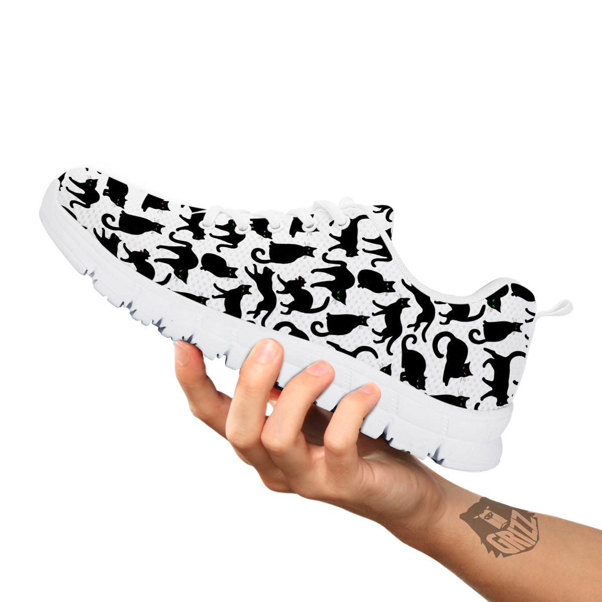 Black Cat And White Print Pattern White Sneaker-grizzshop