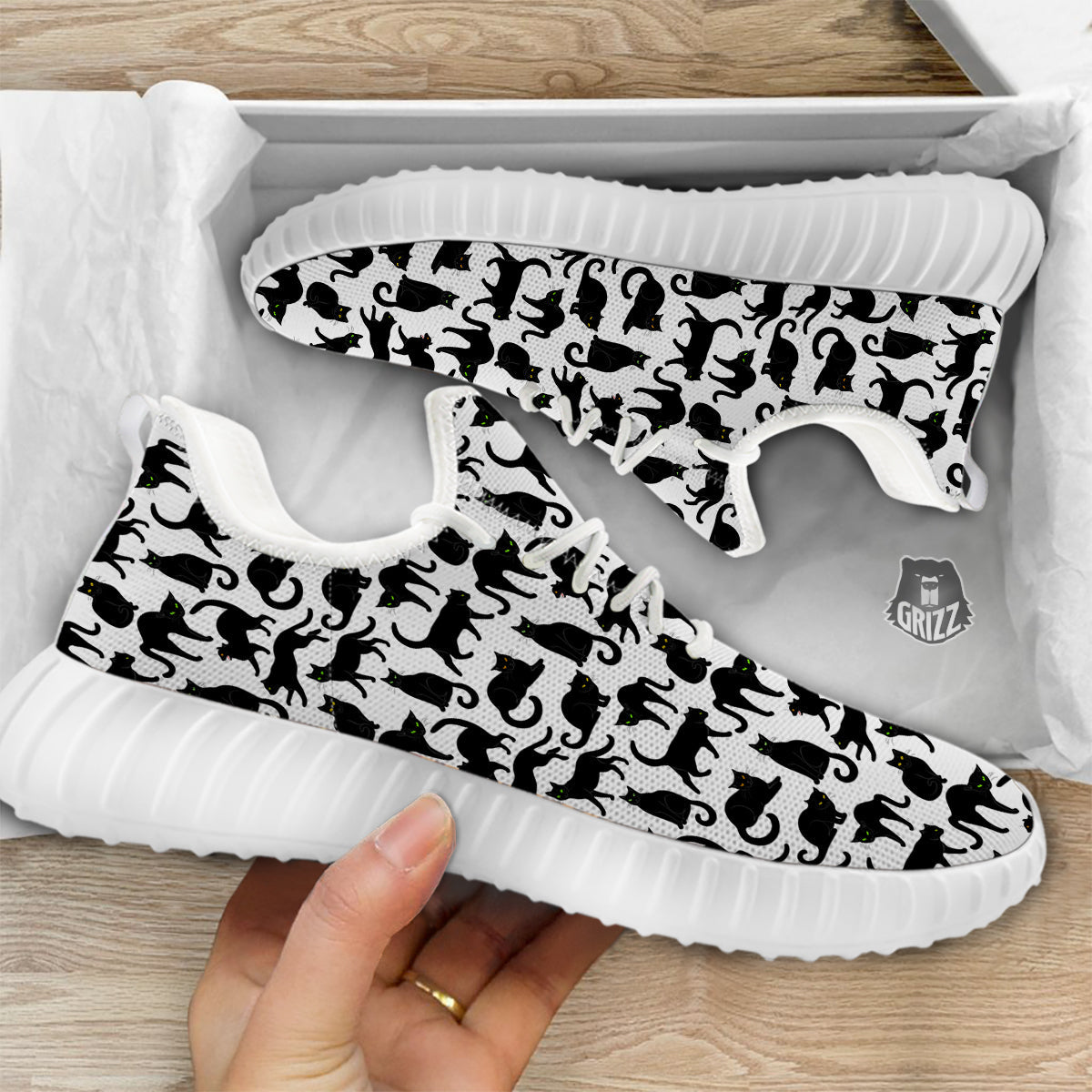 Black Cat And White Print Pattern White Walking Shoes-grizzshop