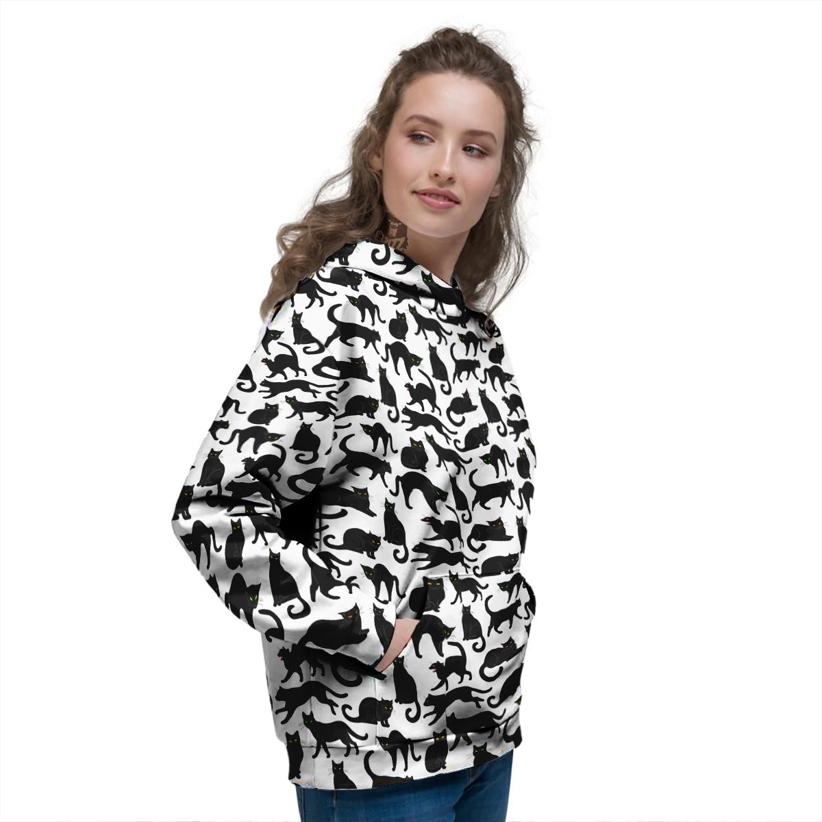 Black Cat And White Print Pattern Women's Hoodie-grizzshop