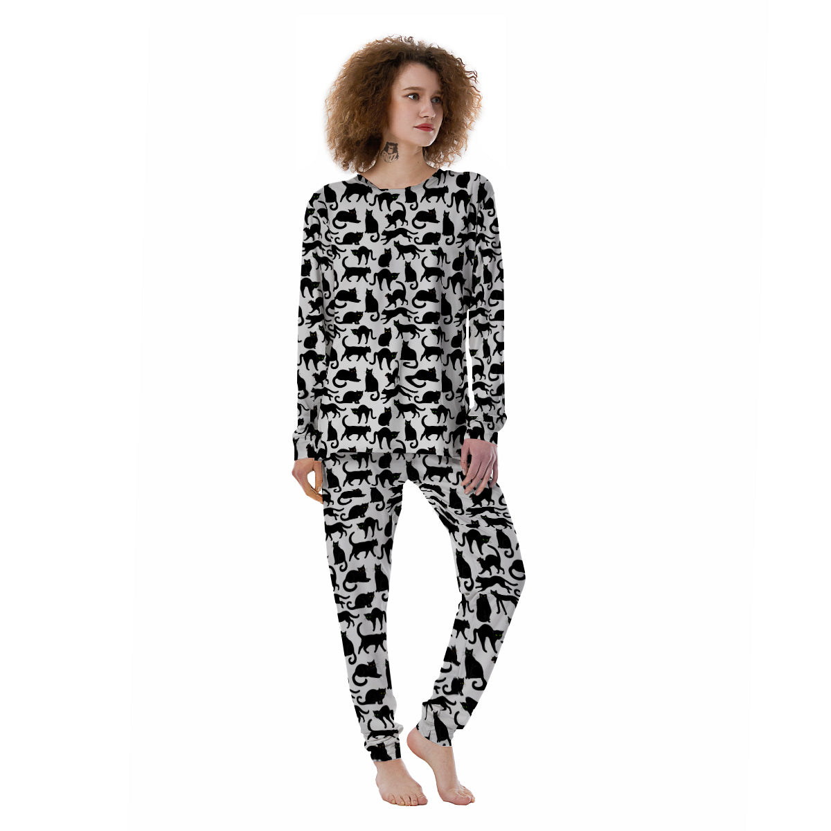Black Cat And White Print Pattern Women's Pajamas-grizzshop
