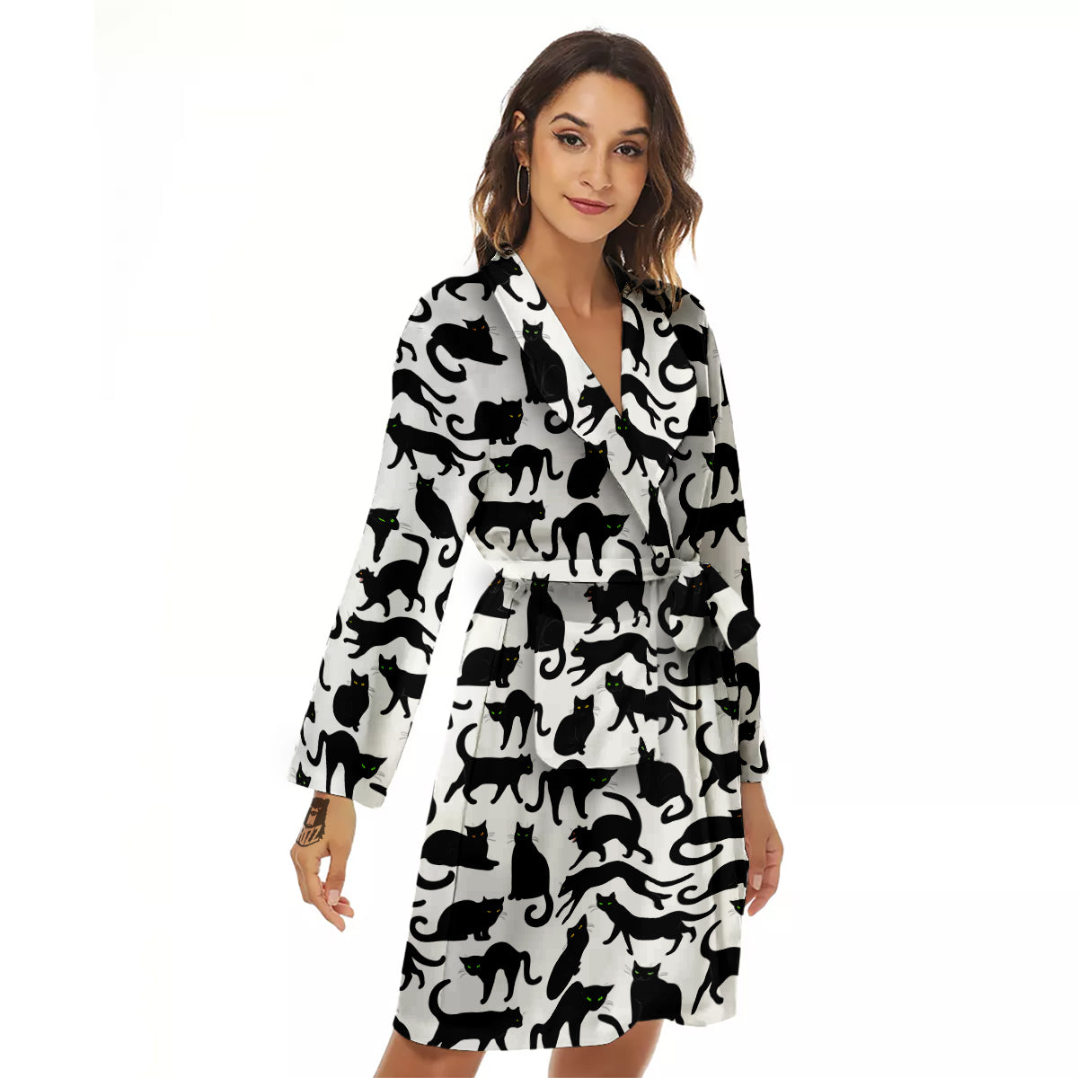 Black Cat And White Print Pattern Women's Robe-grizzshop