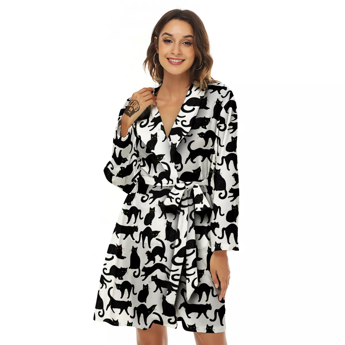 Black Cat And White Print Pattern Women's Robe-grizzshop