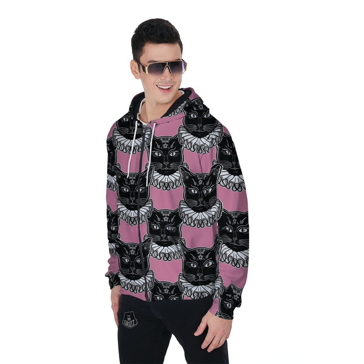 Black Cat Gothic Men's Zip Up Hoodie-grizzshop