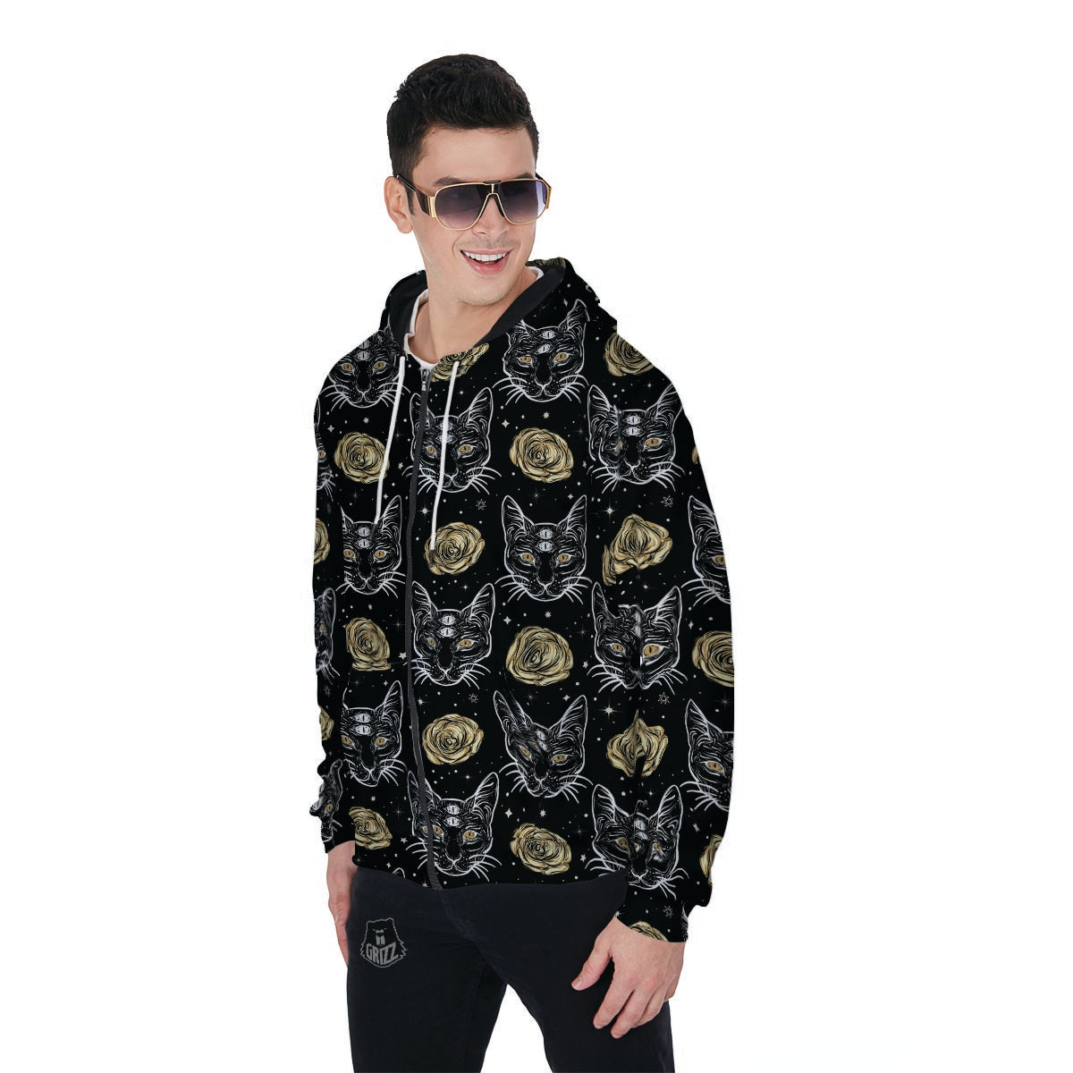 Black Cat Gothic Witch Men's Zip Up Hoodie-grizzshop