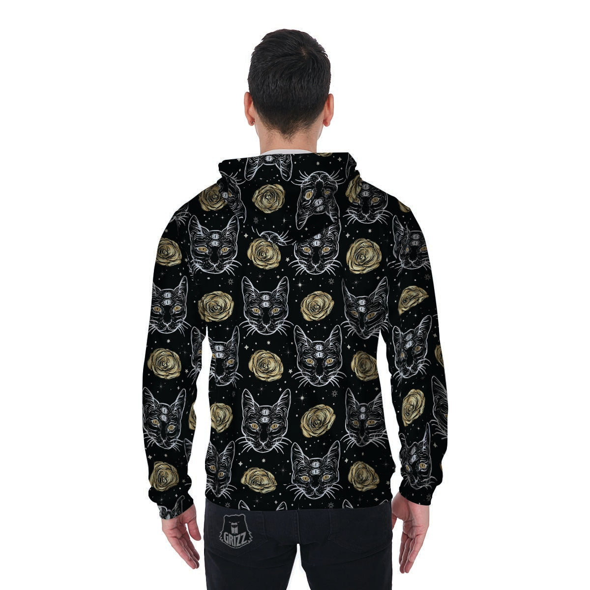 Black Cat Gothic Witch Men's Zip Up Hoodie-grizzshop