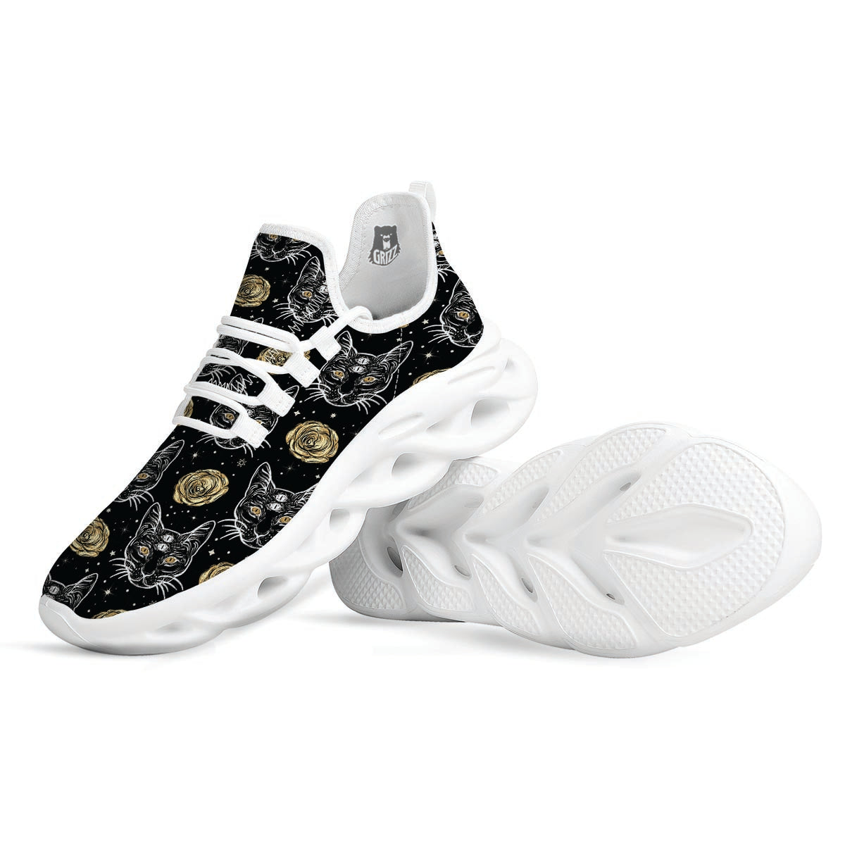 Black Cat Gothic Witch White Running Shoes-grizzshop