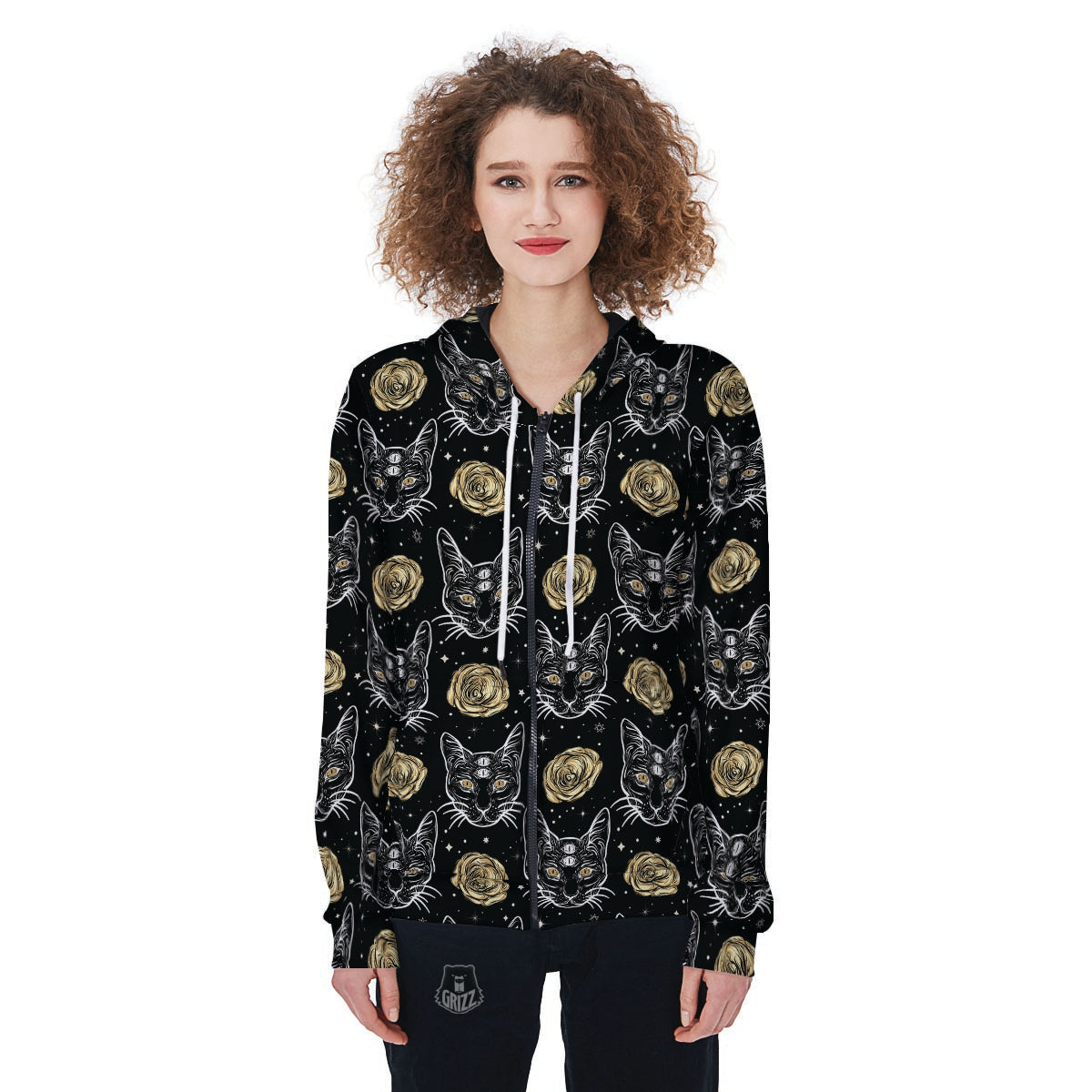 Black Cat Gothic Men's Zip Up Hoodie