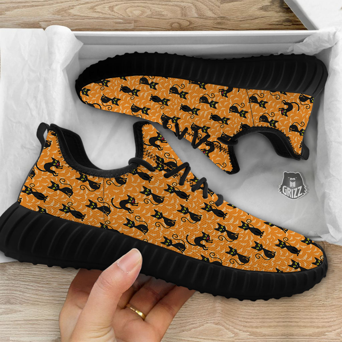 Black Cat Halloween Print Pattern Black Walking Shoes-grizzshop