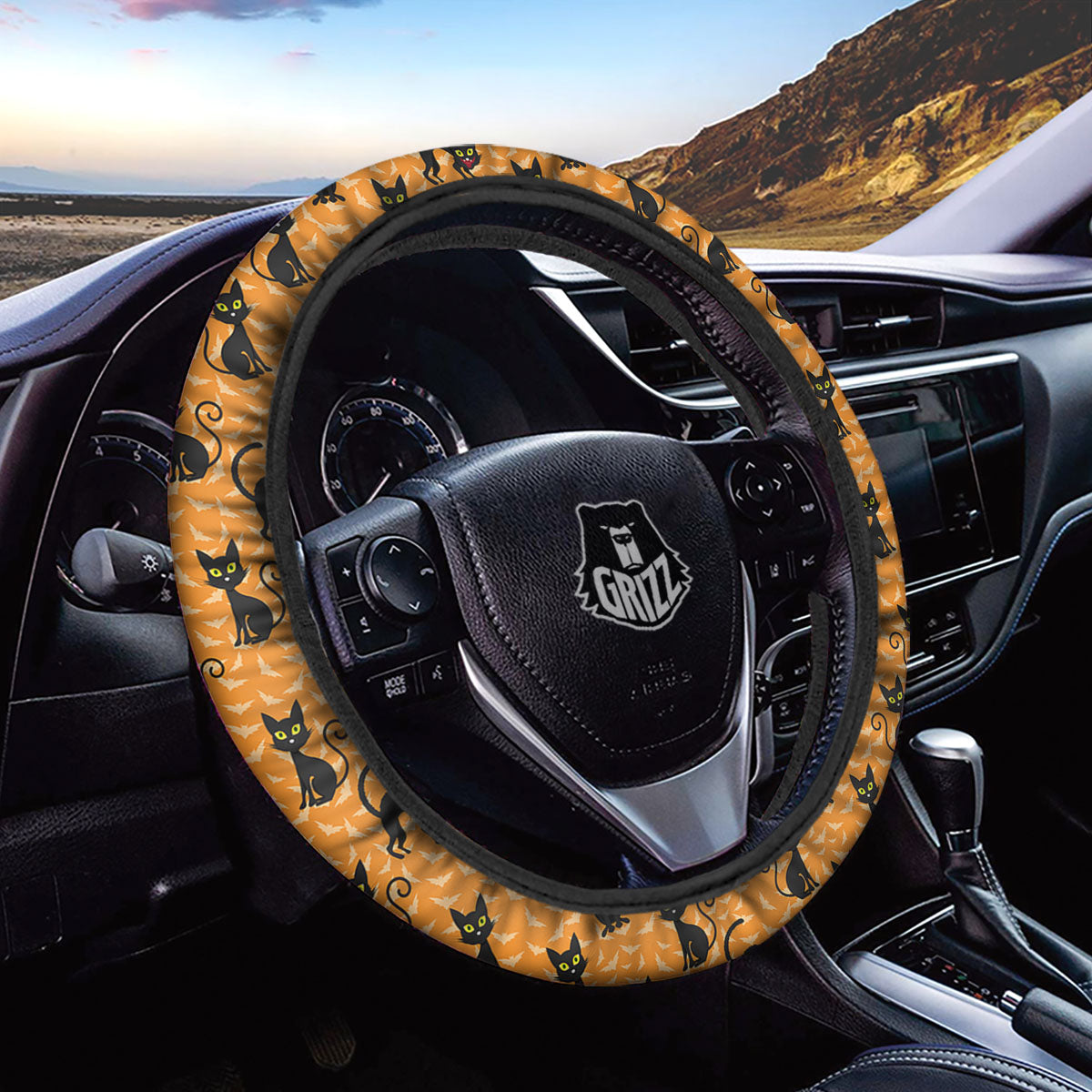 Black Cat Halloween Print Pattern Car Steering Wheel Cover-grizzshop