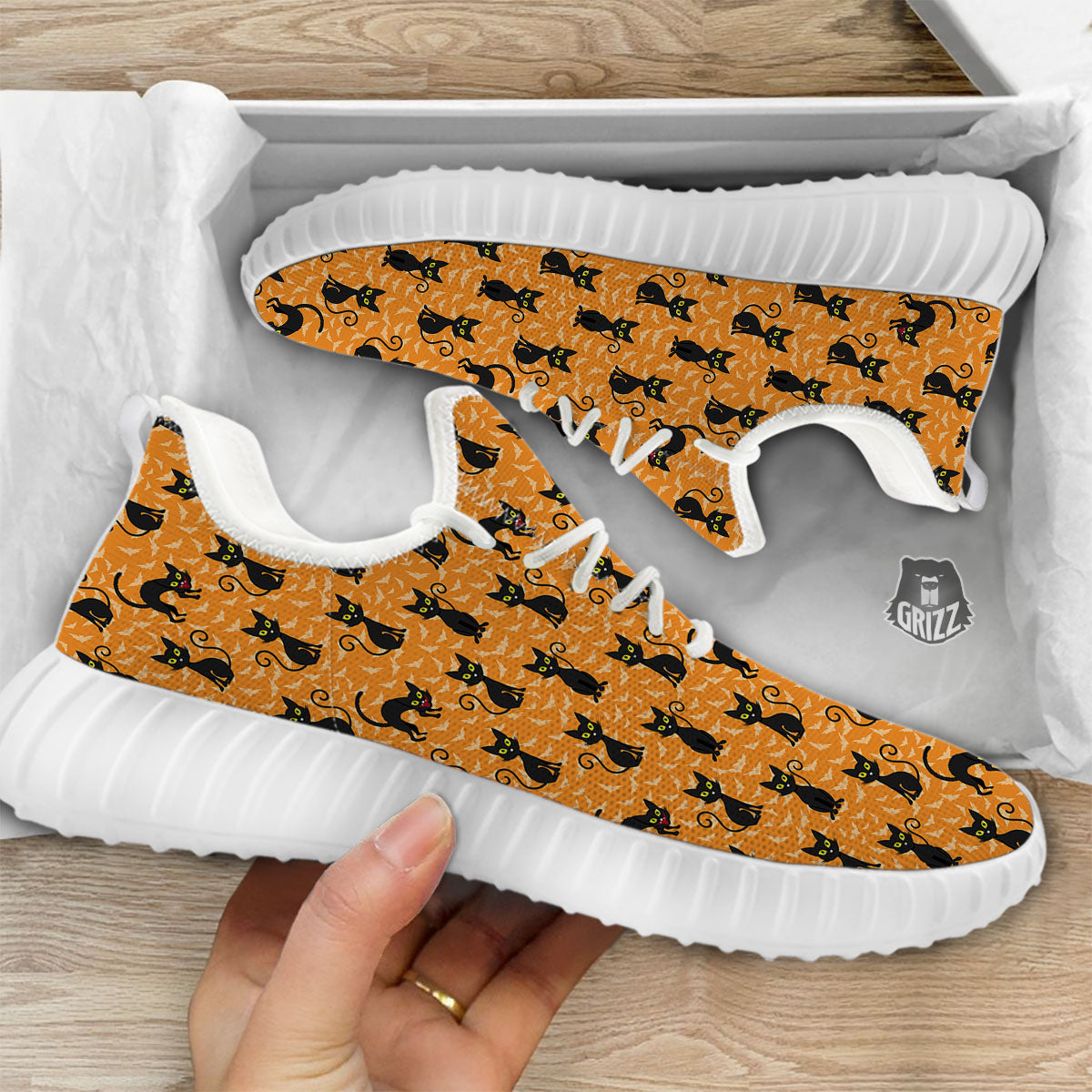 Black Cat Halloween Print Pattern White Walking Shoes-grizzshop