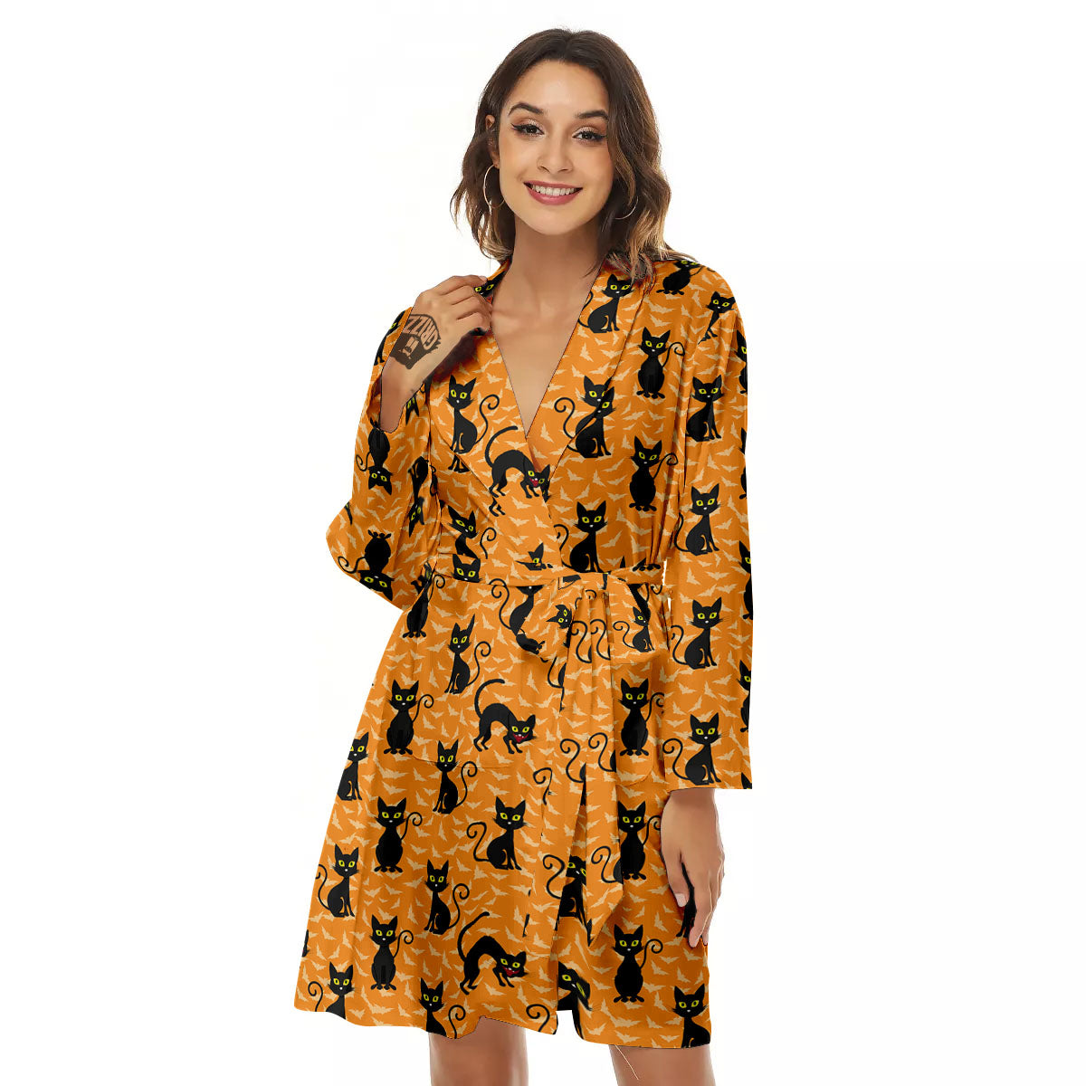 Black Cat Halloween Print Pattern Women's Robe-grizzshop