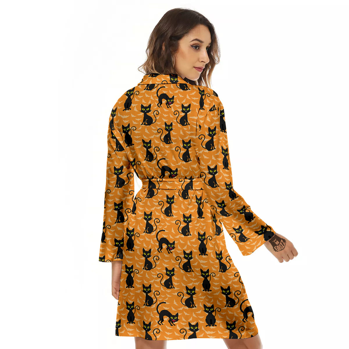 Black Cat Halloween Print Pattern Women's Robe-grizzshop