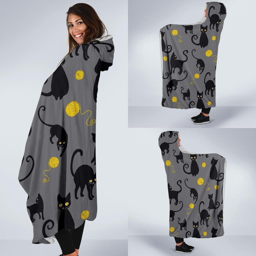 Black Cat Knit Pattern Print Hooded Blanket-grizzshop